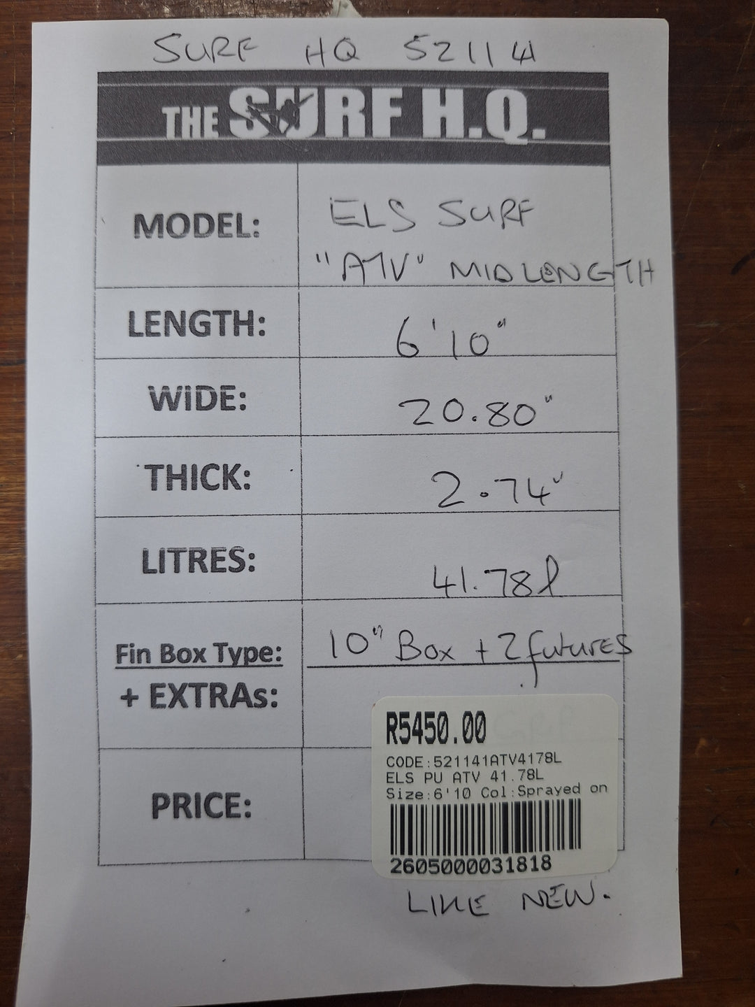 ELS PU ATV 6'10 x 20.80" x 2.74" = 41.78L