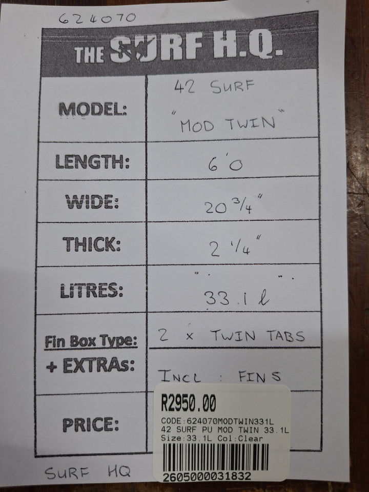 42 SURF PU MOD TWIN 6'0 X 20 3/4" X 2 1/4" = 33.1L