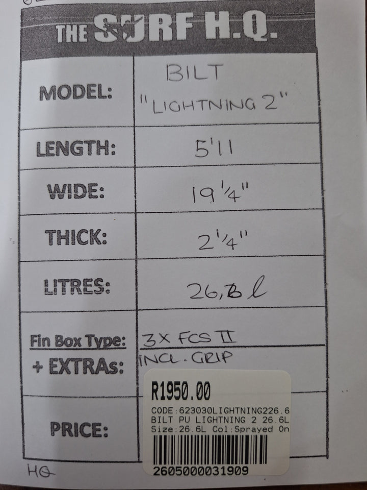 BILT PU LIGHTNING 2 5'11 X 19 1/4' X 2 1/4' = 26.6L