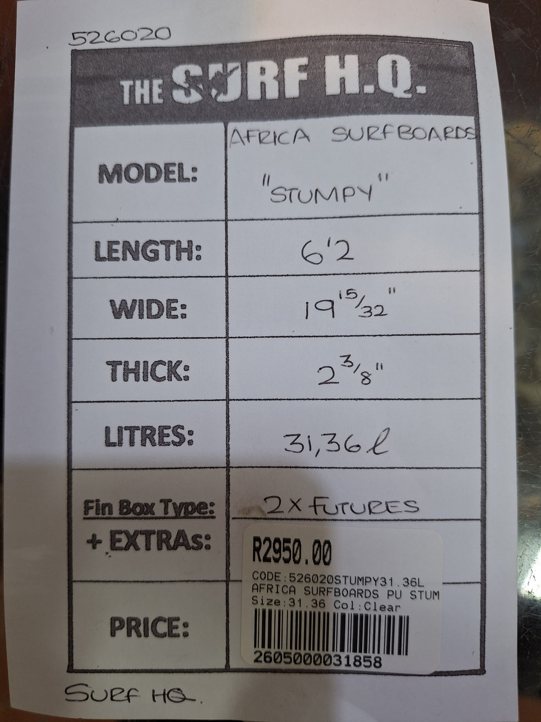 AFRICA SURFBOARDS PU STUMPY 6'2 X 19 15?32" X 2 3/8" = 31.36L