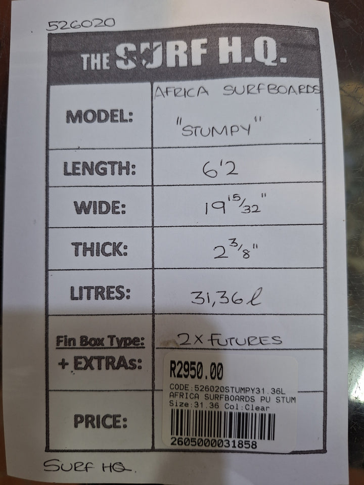 AFRICA SURFBOARDS PU STUMPY 6'2 X 19 15?32" X 2 3/8" = 31.36L