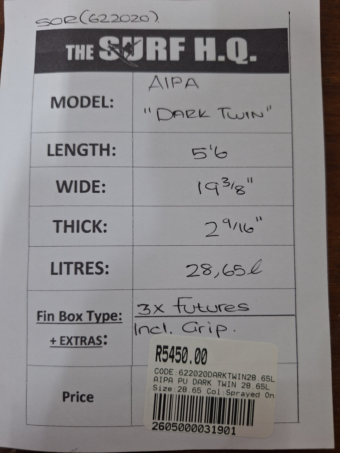 AIPA PU DARK TWIN 5'6 X 19 3/8" X 2 9/16" = 28.65L