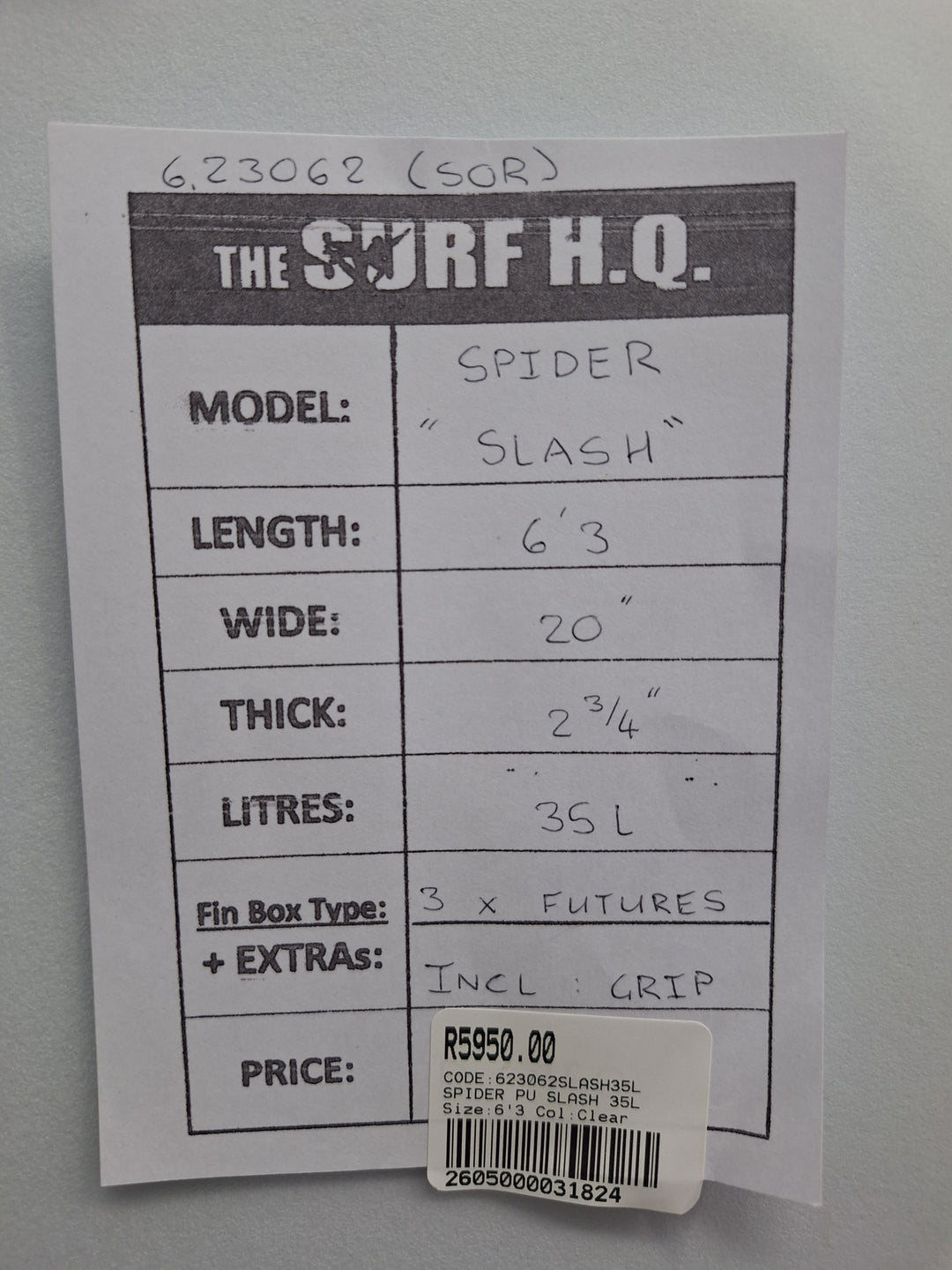 SPIDER PU SLASH 6'3 X 20" X 2 3/4" =35L