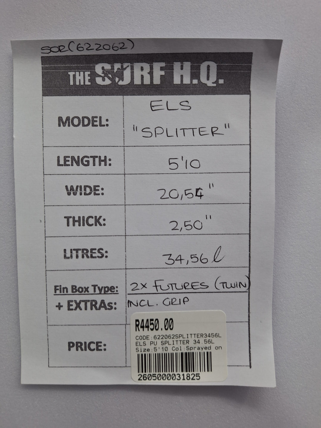 ELS PU SPLITTER 5'10 X 20.54" X 2.50" = 34.56L