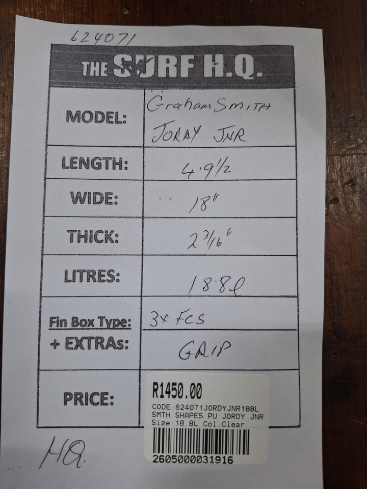SMTH SHAPES PU JORDY JNR 4'9.5" X 18" X 2 3/16" = 18.8L