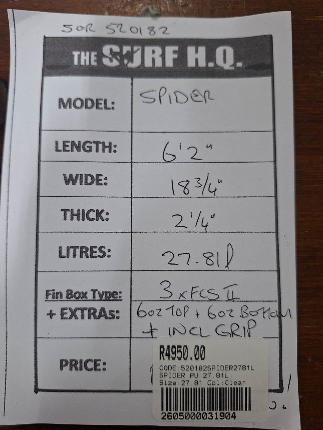 SPIDER PU 6'2 X 18 3/4" X 2 1/4" = 27.81L