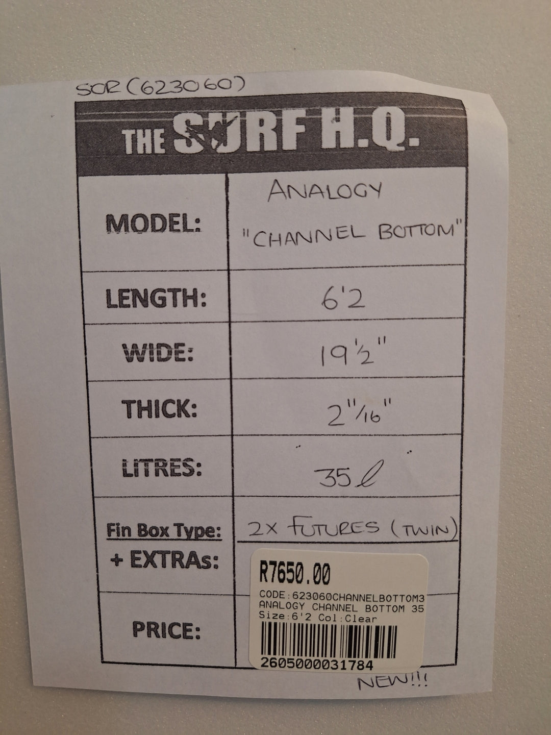 ANALOGY PU CHANNEL BOTTOM 6'2 X 19 1/2" X 2 11/16 X 35L