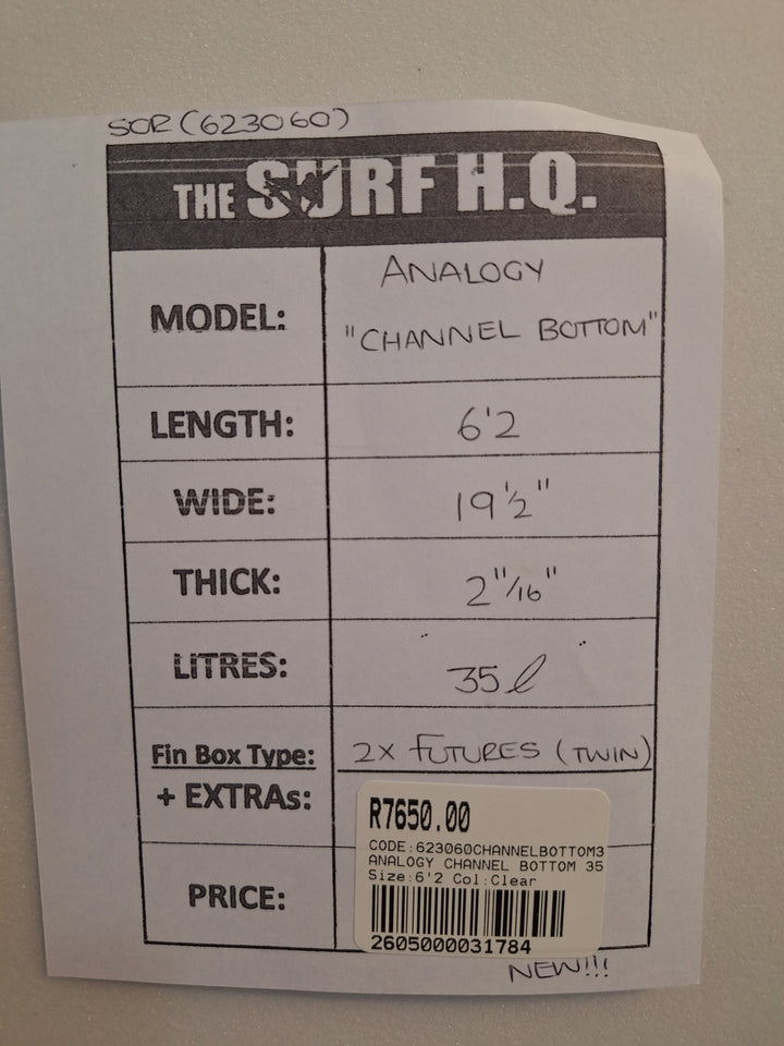 ANALOGY PU CHANNEL BOTTOM 6'2 X 19 1/2" X 2 11/16 X 35L