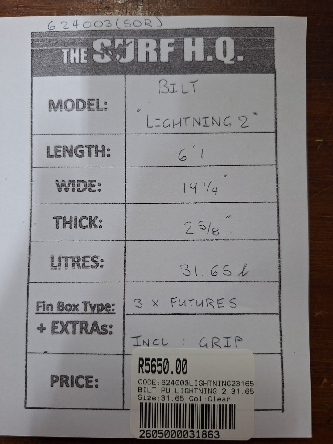 BILT PU LIGHTNING 2 6'1 X 19 1/4" X 2 5/8" = 31.65L