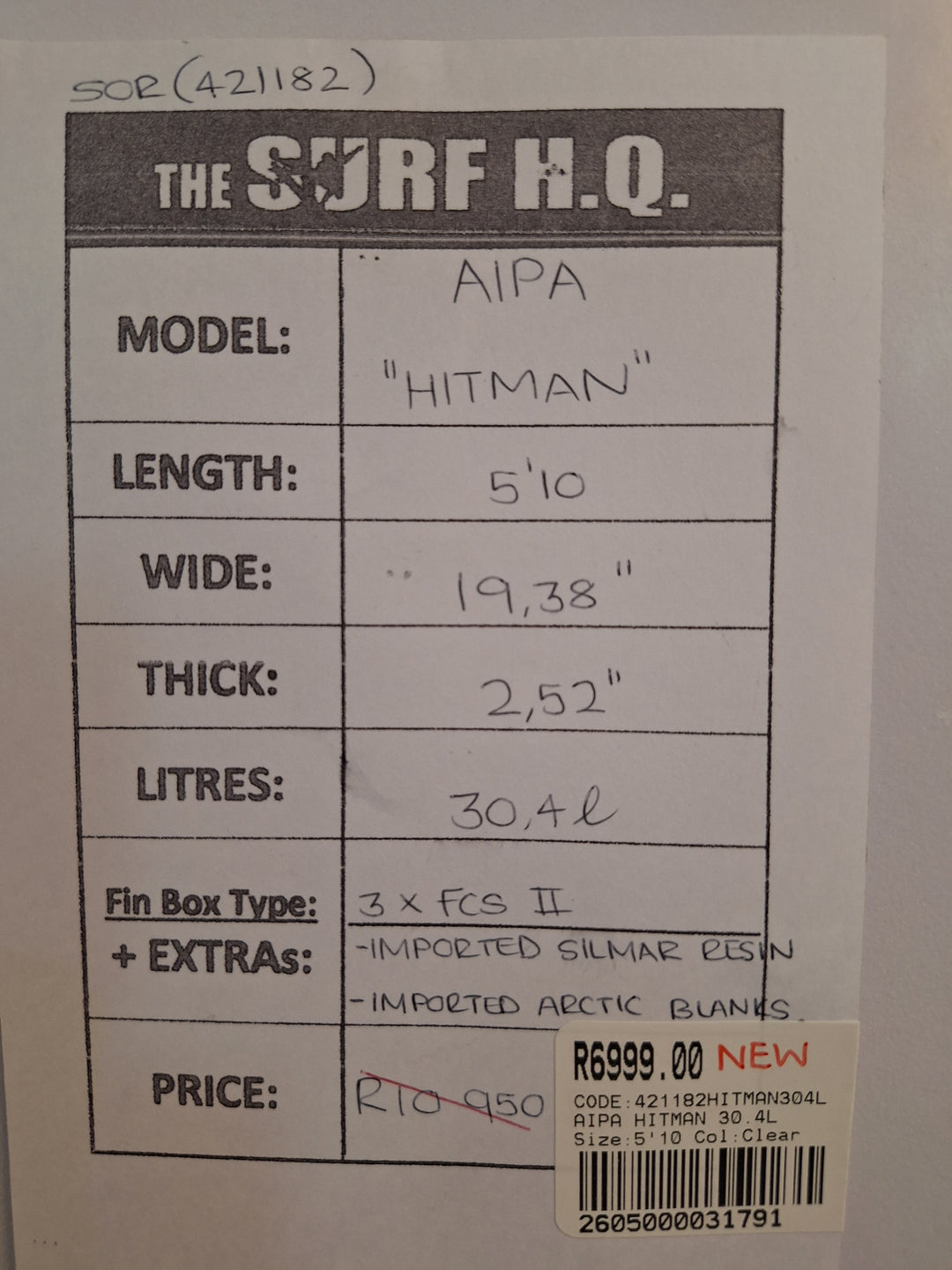 AIPA HITMAN 5'10 x 19.38" x 2.52" = 30.4L