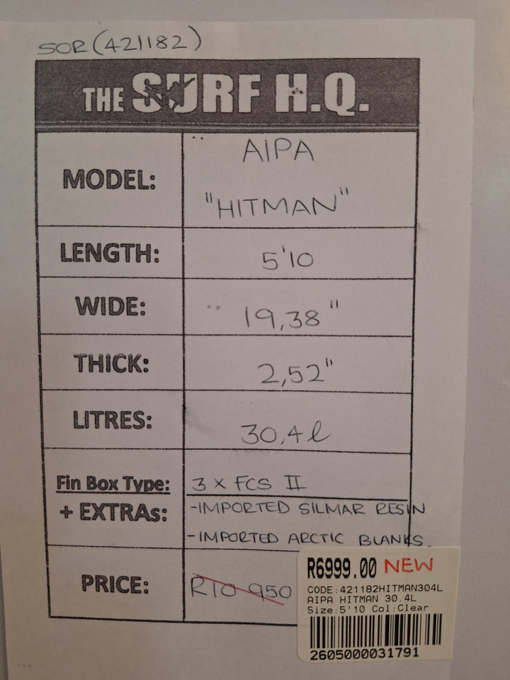 AIPA HITMAN 5'10 x 19.38" x 2.52" = 30.4L