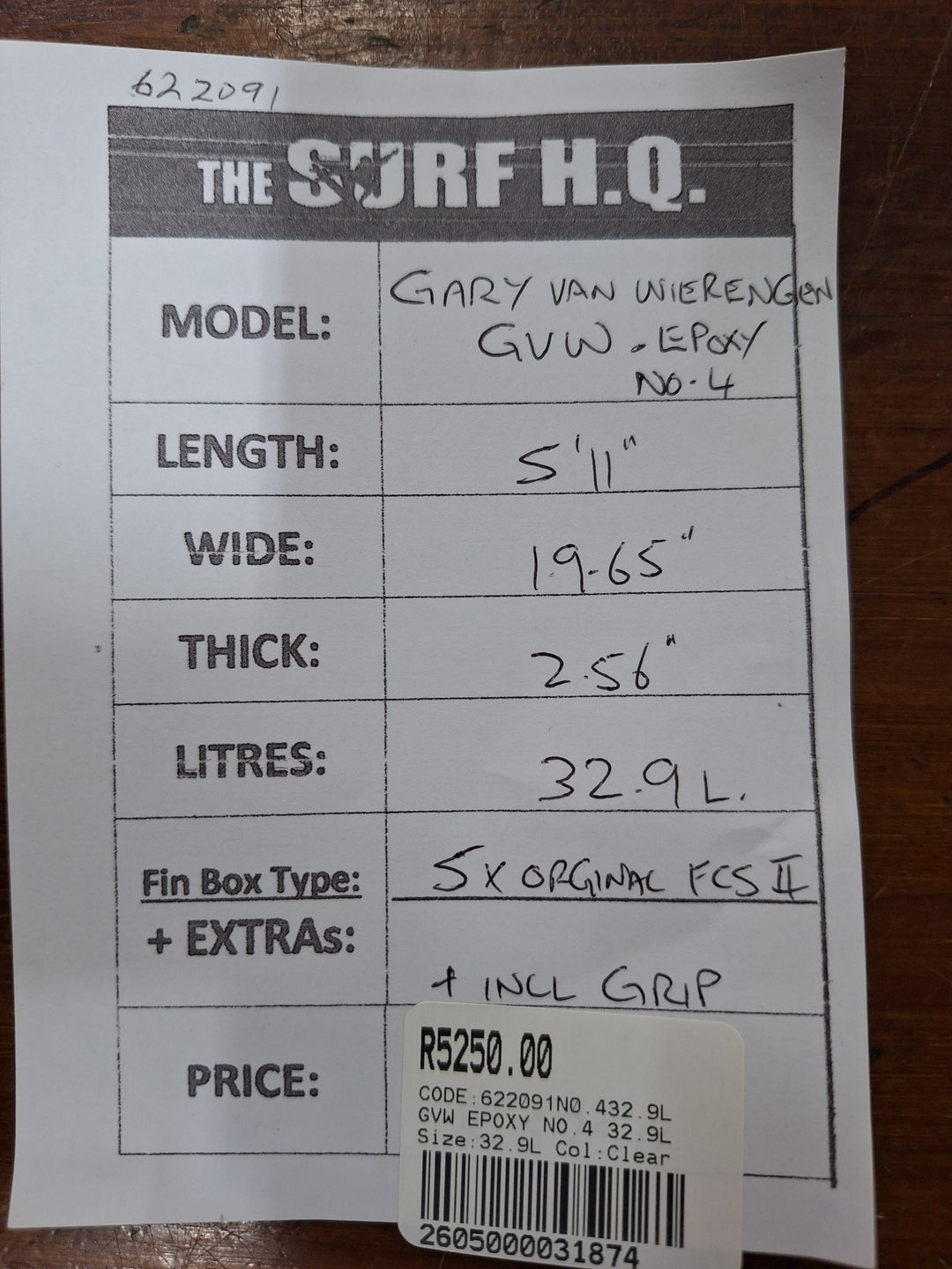 GVW EPOXY NO.4 5'11 X 19.65" X 2.56" = 32.9L