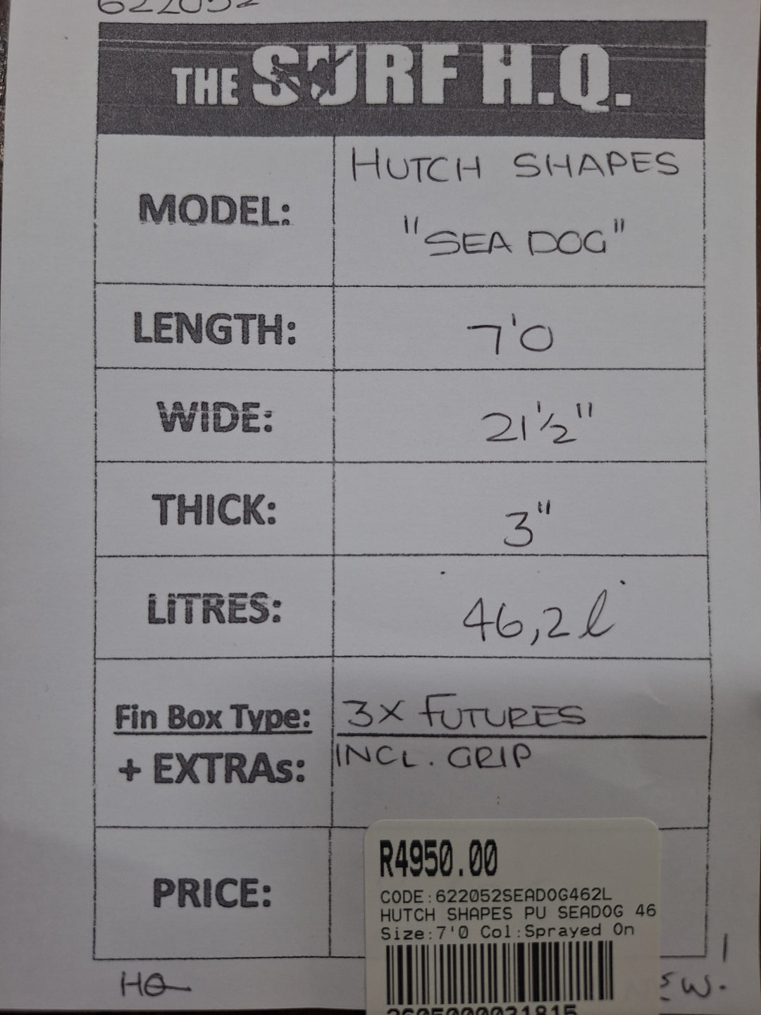 HUTCH SHAPES SEADOG 7'0 x 21 1/2" x 3" = 46.2l