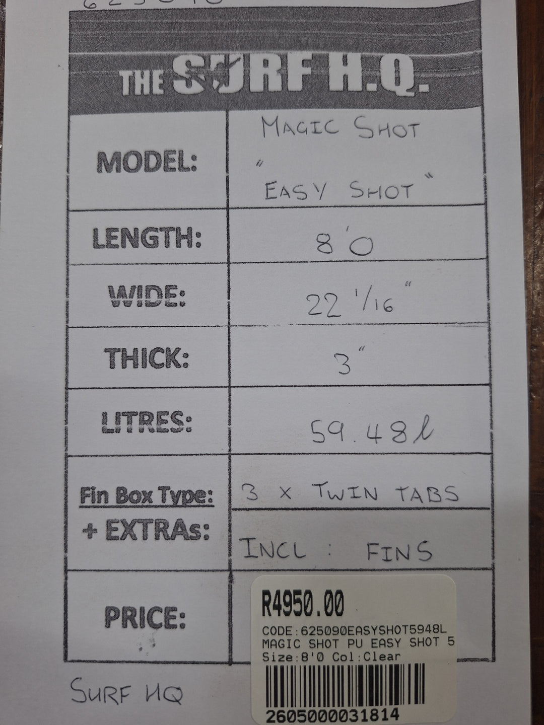 MAGIC SHOT PU EASY SHOT 8'0 X 22 1/16" X 3" = 59.48L