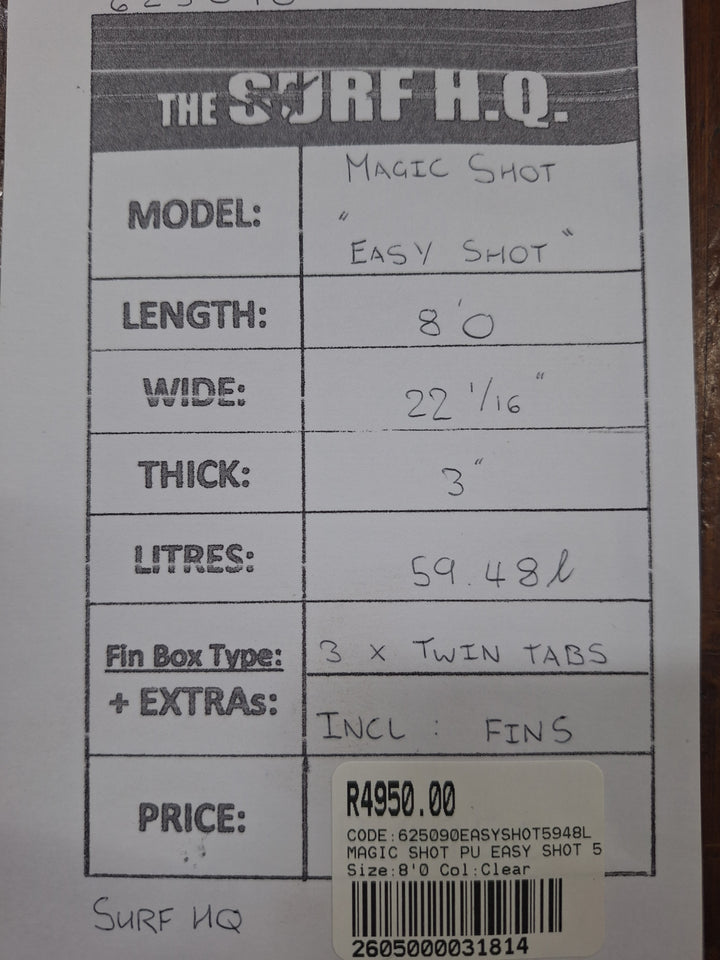 MAGIC SHOT PU EASY SHOT 8'0 X 22 1/16" X 3" = 59.48L