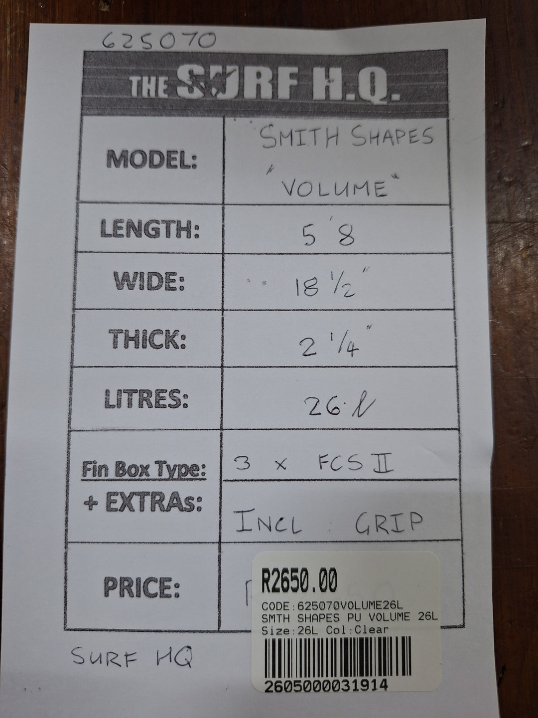 SMTH SHAPES PU VOLUME 5'8 X 18 1/2' X 2 1/4' = 26L
