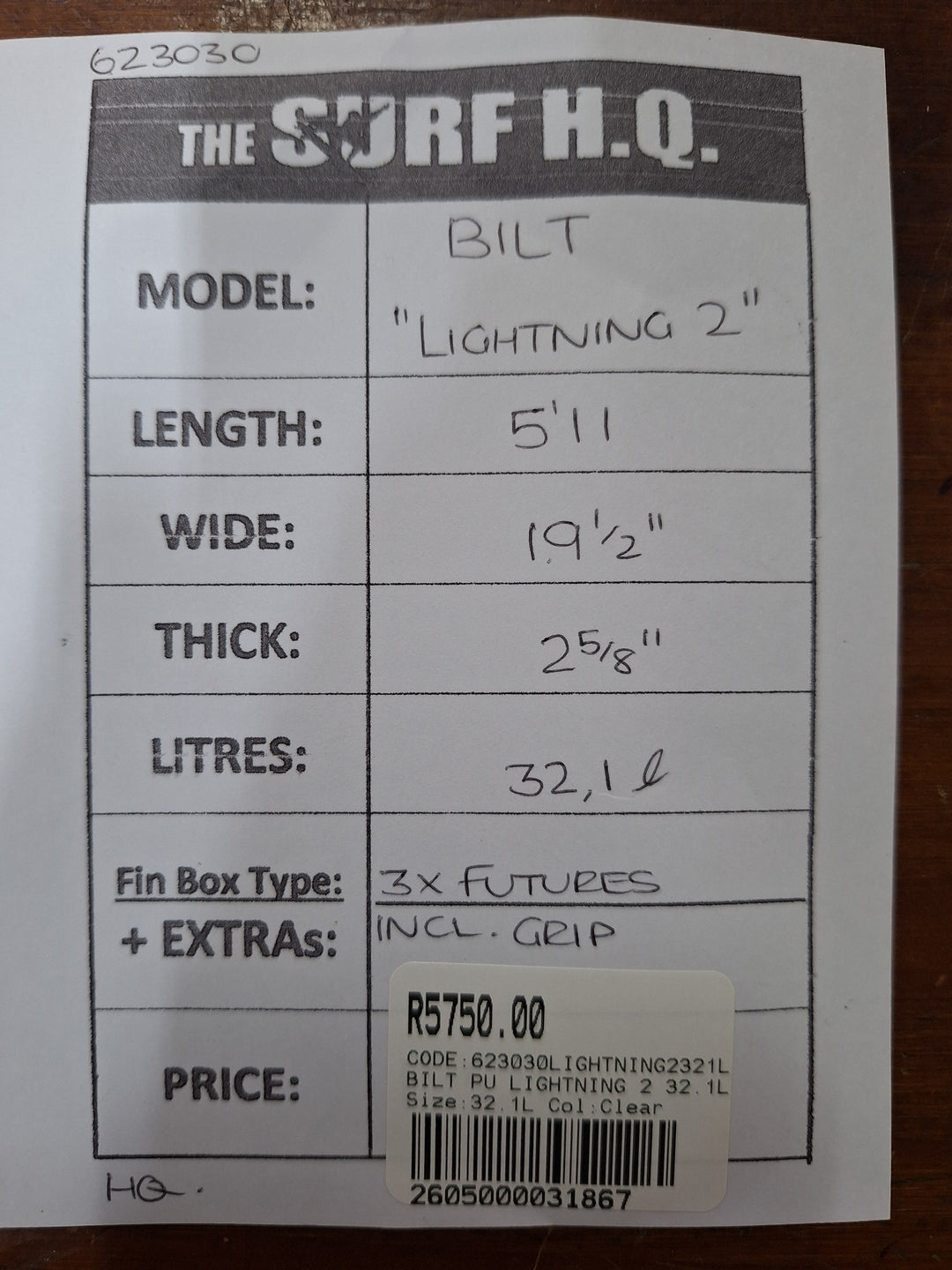 BILT PU LIGHTNING 2 5'11 X 19 1/2" X 2 5/8' = 32.1L