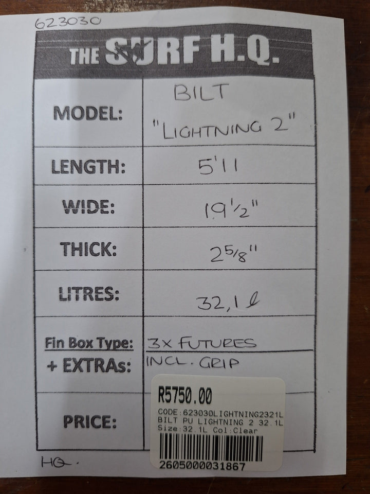 BILT PU LIGHTNING 2 5'11 X 19 1/2" X 2 5/8' = 32.1L