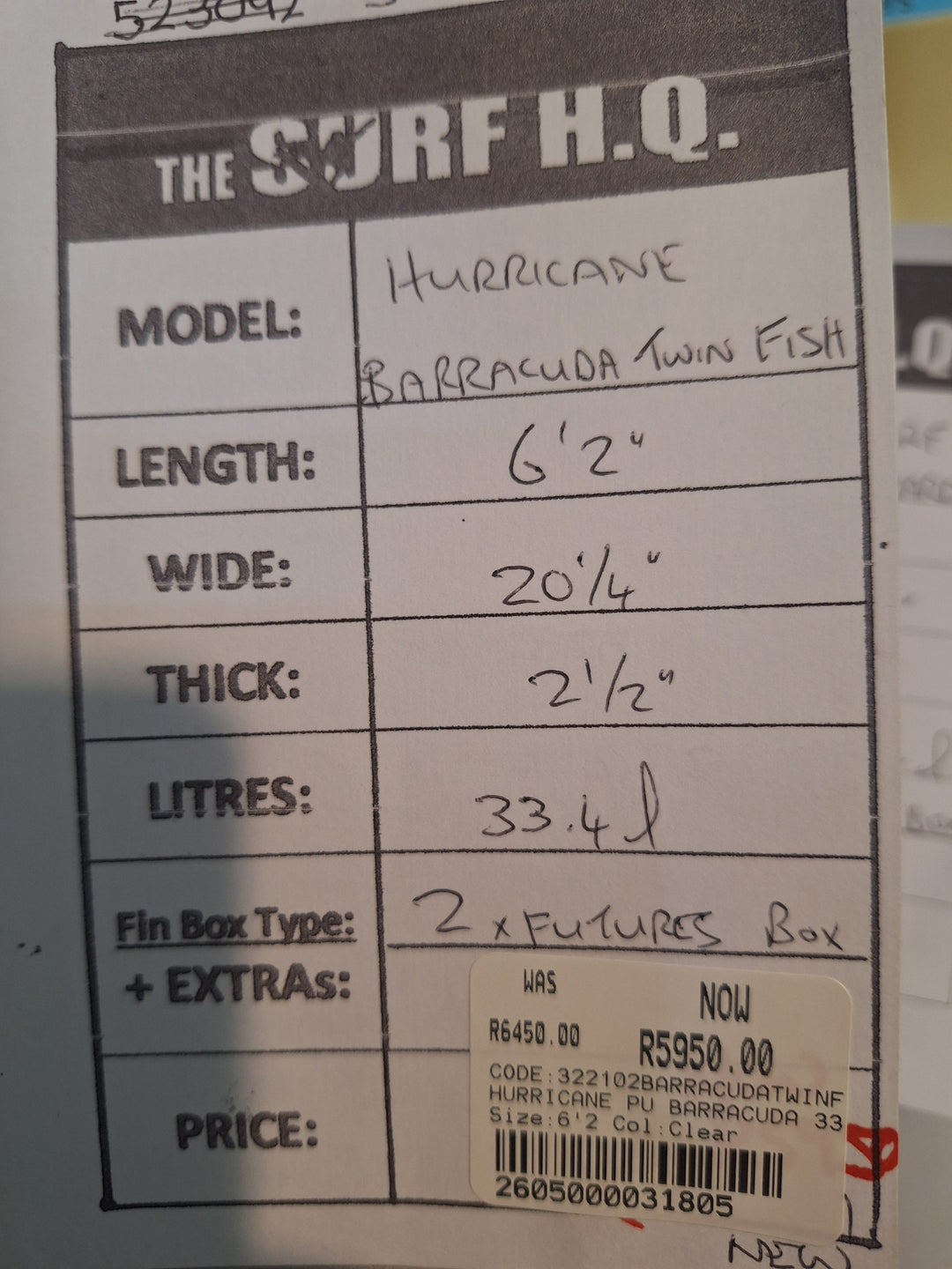 HURRICANE PU BARRACUDA 6'2 x 20 1/4" x 2 1/2" = 33.4L
