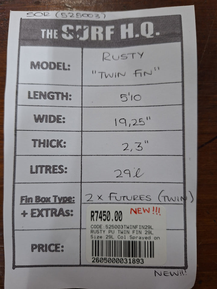 RUSTY PU TWIN FIN 5'10 X 19.25' X 2.3' = 29L