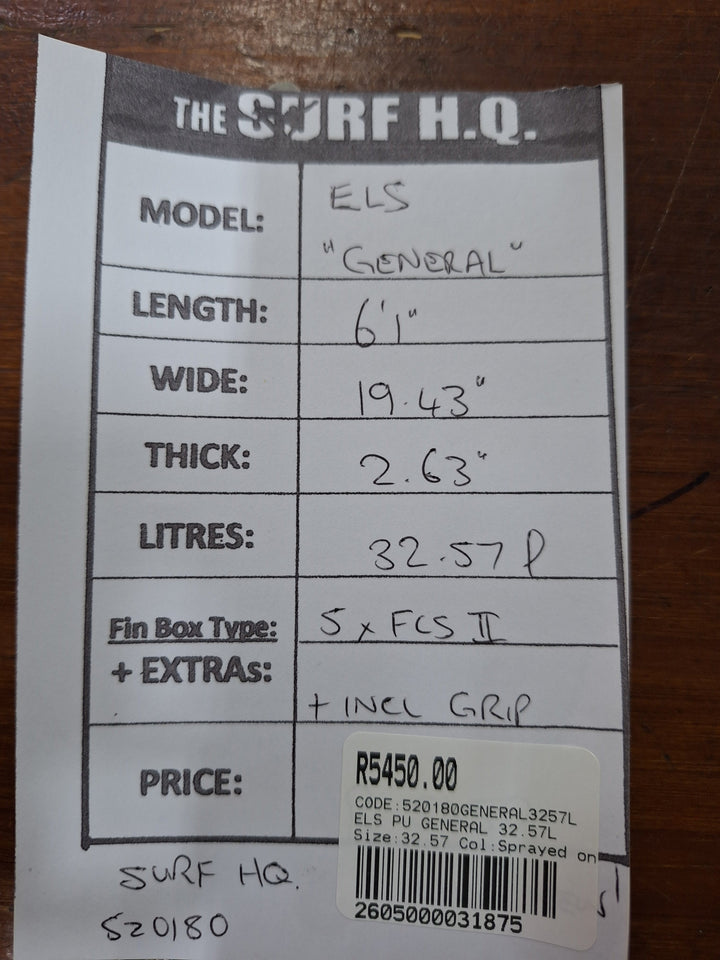 ELS PU GENERAL 6'1 X 19.43" X 2.63" = 32.57L