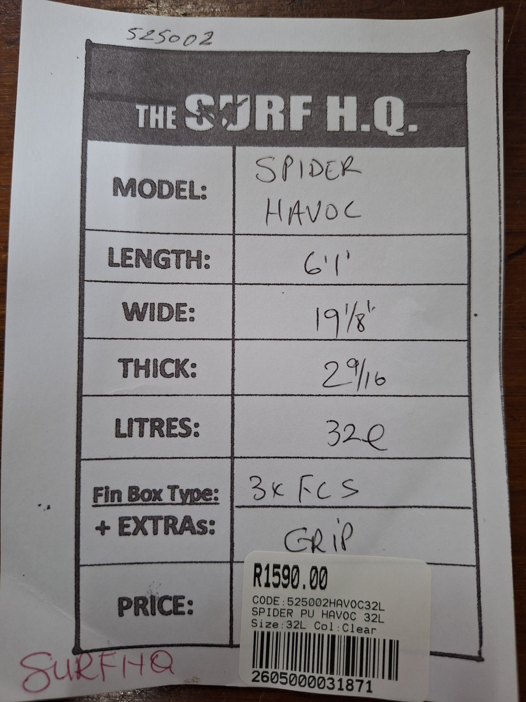 SPIDER PU HAVOC 6'1 X 19 1/8" X 2 9/16" = 32L