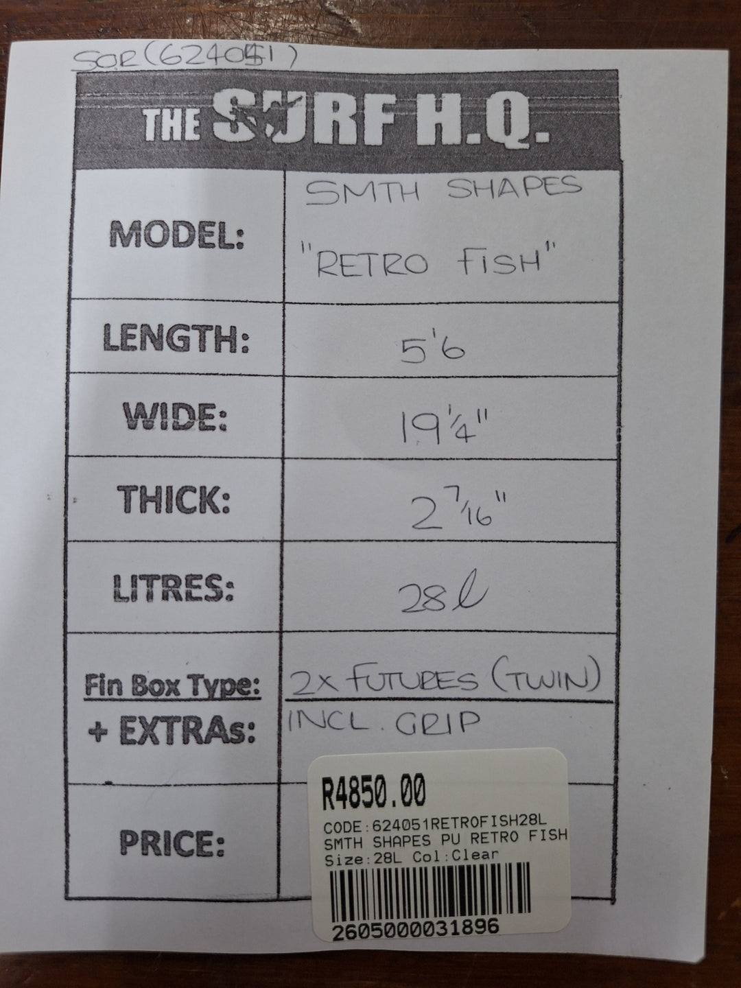 SMTH SHAPES PU RETRO FISH 5'6 X 19 1/4" X 2 7/16" = 28L