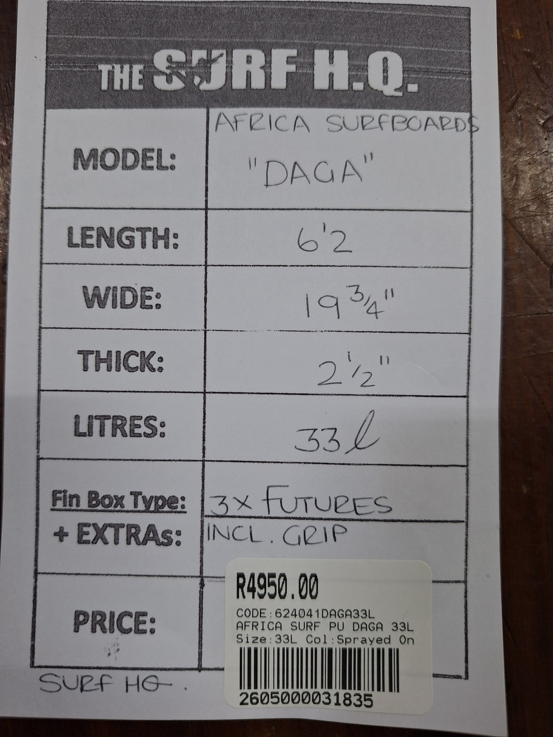 AFRICA SURF PU DAGA 6'2 X 19 3/4" X 2 1/2" = 33L