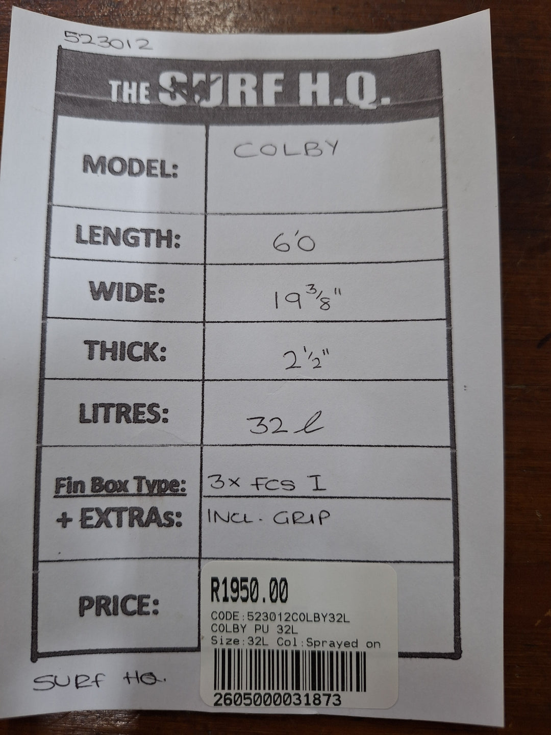 COLBY PU 6'0 X 19 3/8" X 2 1/2" =32L