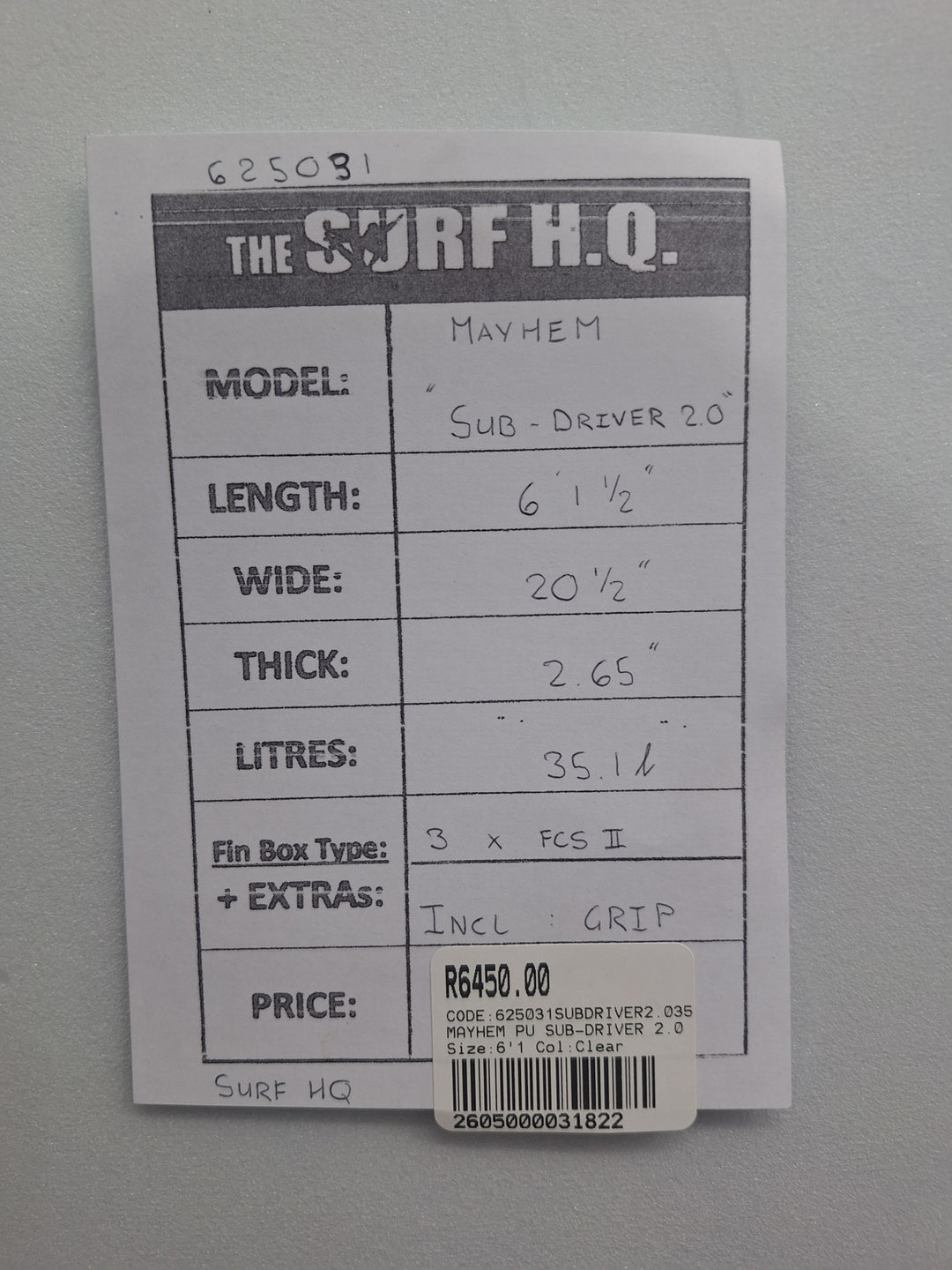 MAYHEM PU SUB-DRIVER 2.0 6'1.5 X 20 1/2" X 2.65"=35.1L