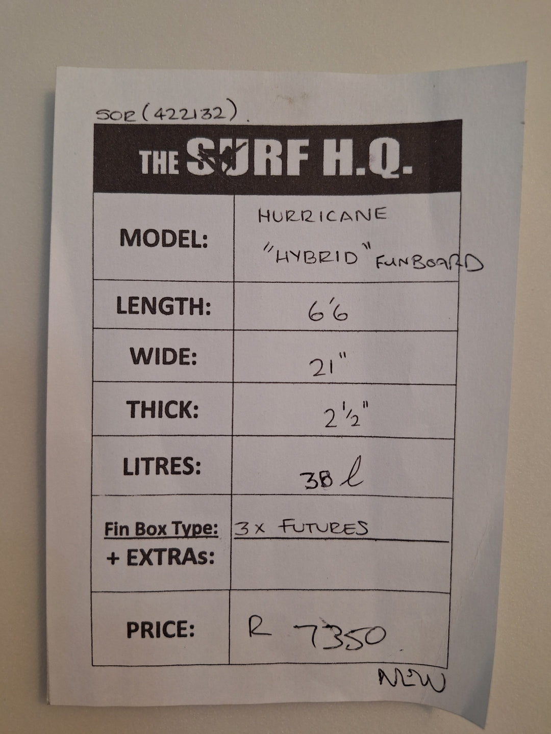 HURRICANE PU HYBRID 6'6 x 21" x 2 1/2" = 38L