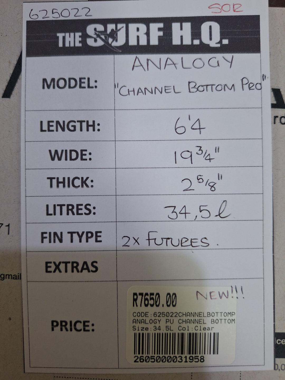 ANALOGY PU CHANNEL BOTTOM PRO 6'4 X 19 3/4" X 2 5/8" = 34.5L