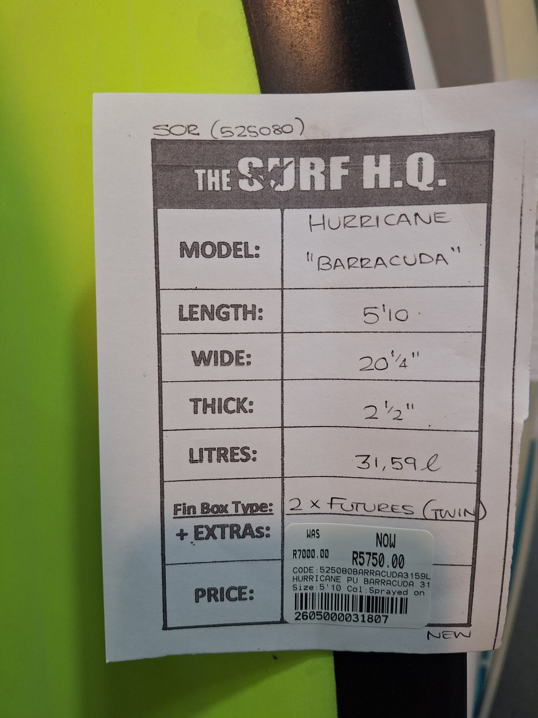 HURRICANE PU BARRACUDA 5'10 X 20 1/4" X 2 1/2 = 31.59L
