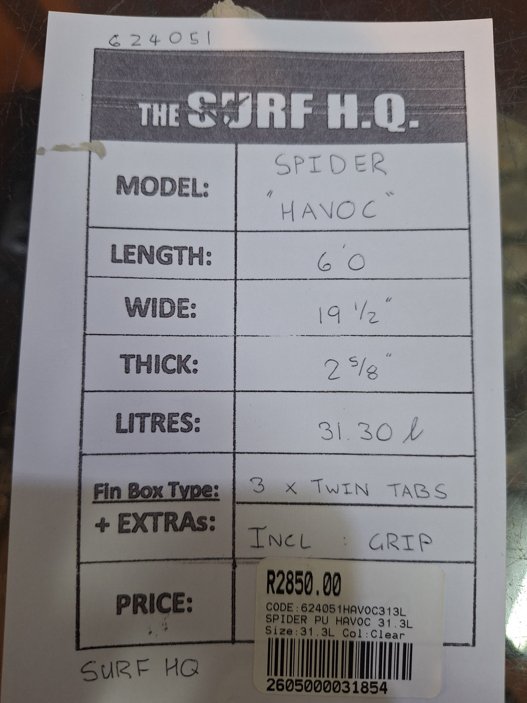 SPIDER PU HAVOC 6'0 x 19 1/2" x 2 5/8" = 31.30