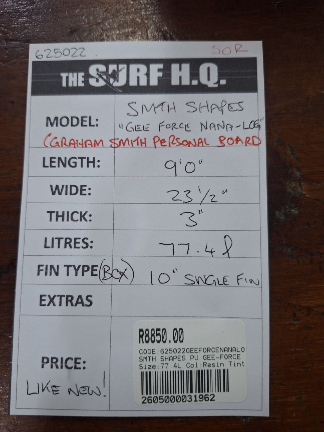 SMTH SHAPES PU GEE-FORCE NANA-LOG 9'0 X 23 1/2" X 3" = 77.4L