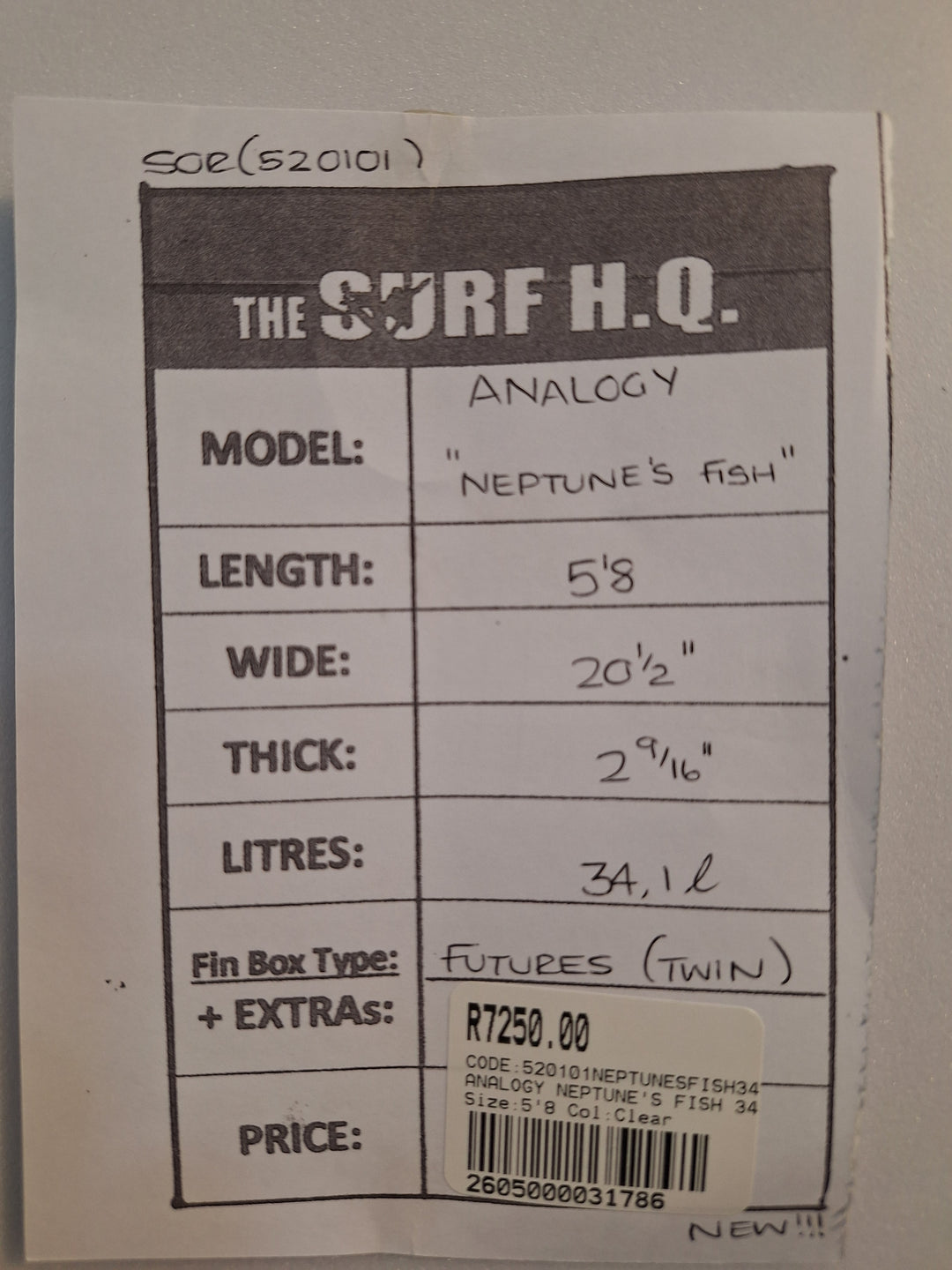 ANALOGY PU NEPTUNE'S FISH 5'8 X 20 1/2" X 2 9/16" = 34.1L
