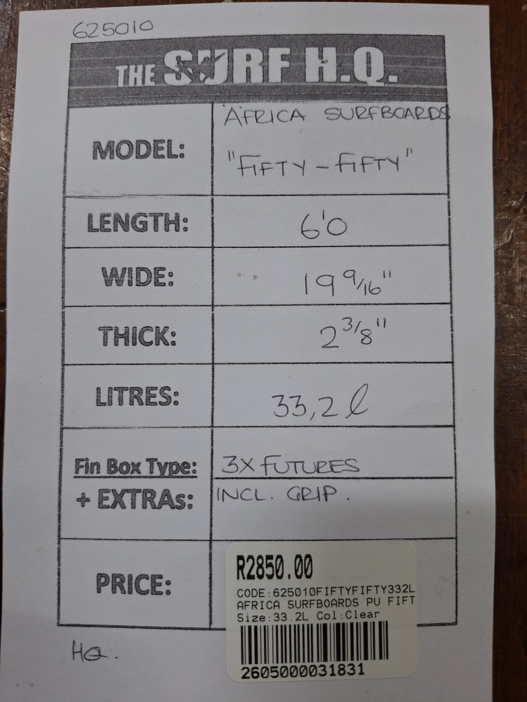 AFRICA SURFBOARDS PU FIFTY-FIFTY 6'0 X 19 9/16" X 2 3/8" = 33.2L