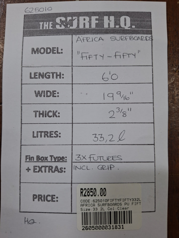AFRICA SURFBOARDS PU FIFTY-FIFTY 6'0 X 19 9/16" X 2 3/8" = 33.2L