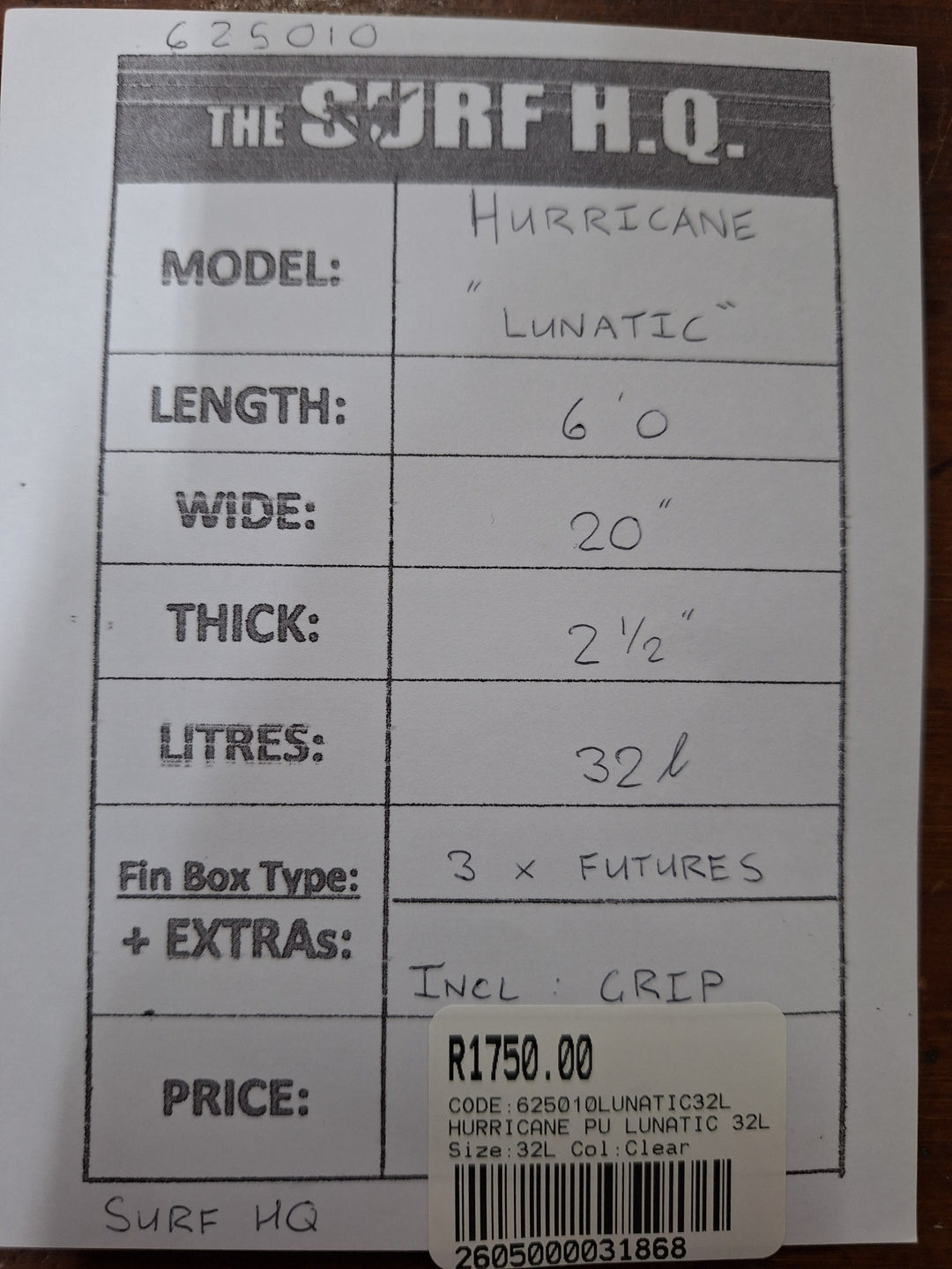 HURRICANE PU LUNATIC 6'0 X 20' X 2 1/2" = 32L