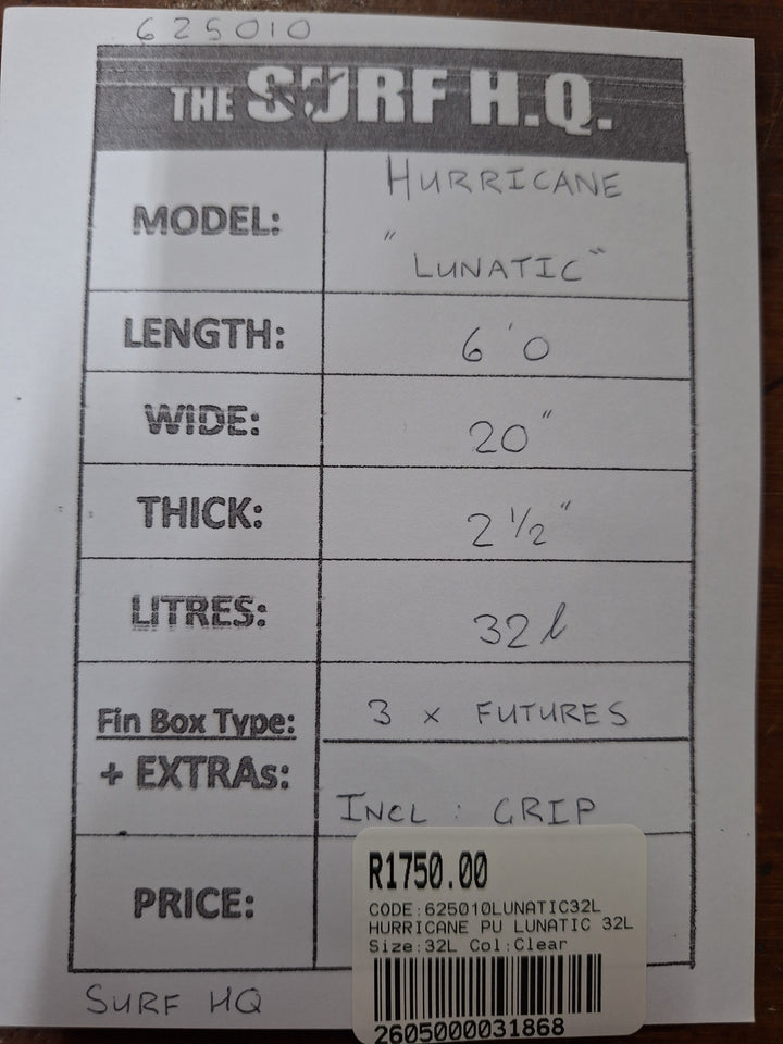 HURRICANE PU LUNATIC 6'0 X 20' X 2 1/2" = 32L