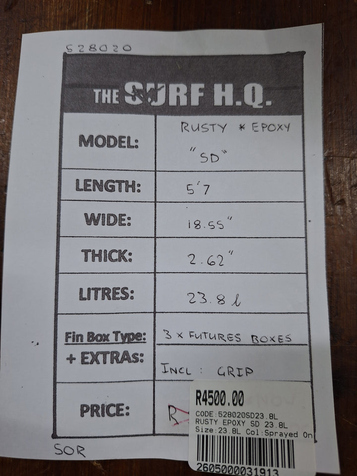 RUSTY EPOXY SD 5'7 X 18.55" X 2.62" = 23.8L