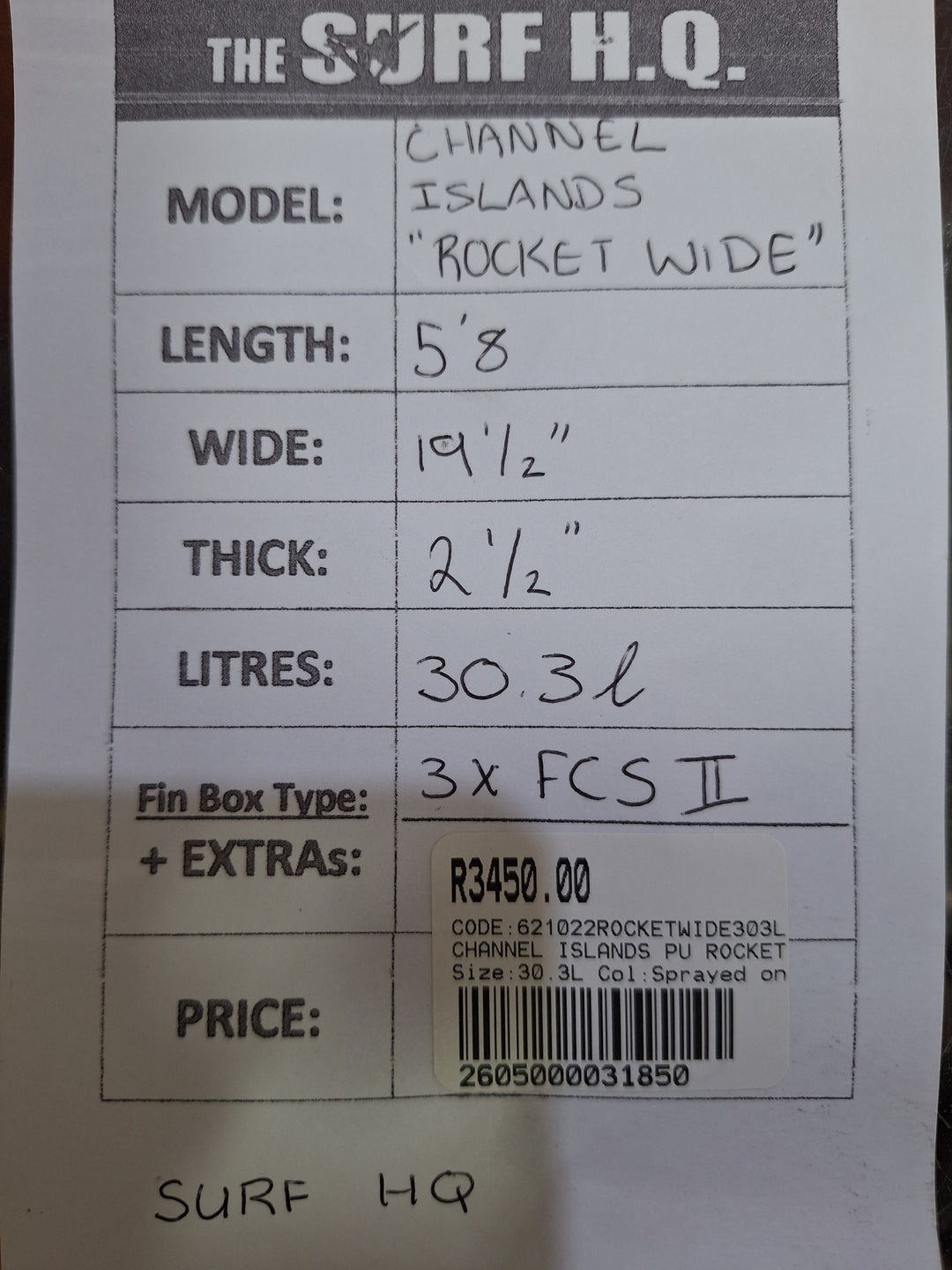 CHANNEL ISLANDS PU ROCKET WIDE 5'8 X 19 1/2" X 2 1/2" = 30.3L