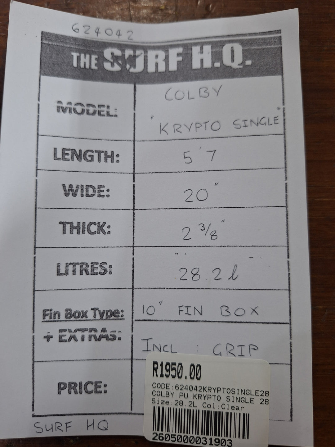 COLBY PU KRYPTO SINGLE 5'7 X 20" X 2 3/8" = 28.2L