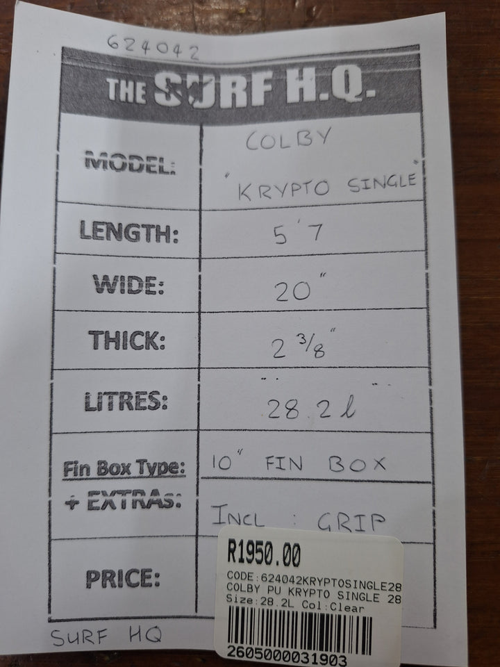 COLBY PU KRYPTO SINGLE 5'7 X 20" X 2 3/8" = 28.2L