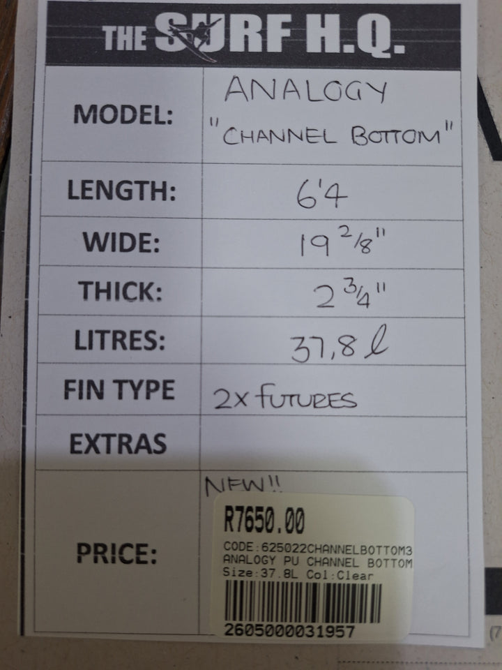 ANALOGY PU CHANNEL BOTTOM 6'4 X 19 2/8" X 2 3/4" = 37.8L