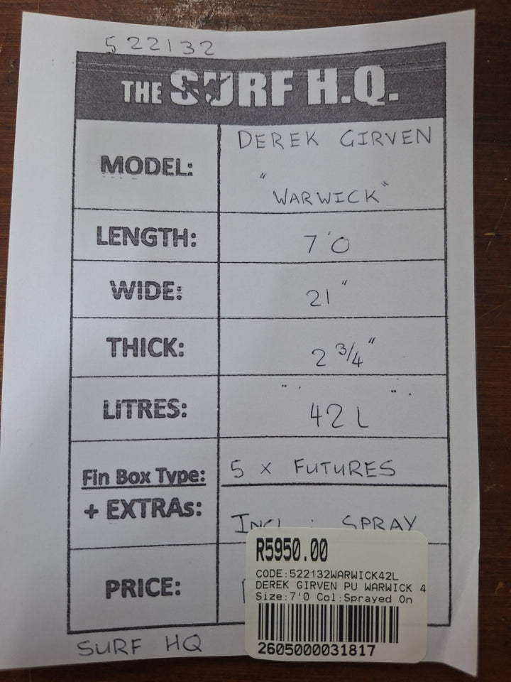 DEREK GIRVEN  WARWICK 7'0 X 21" X 2 3/4" = 42L