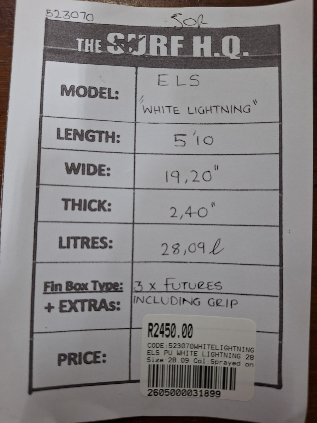ELS PU WHITE LIGHTNING 5'10 X 19.20" X 2.40" = 28.09L