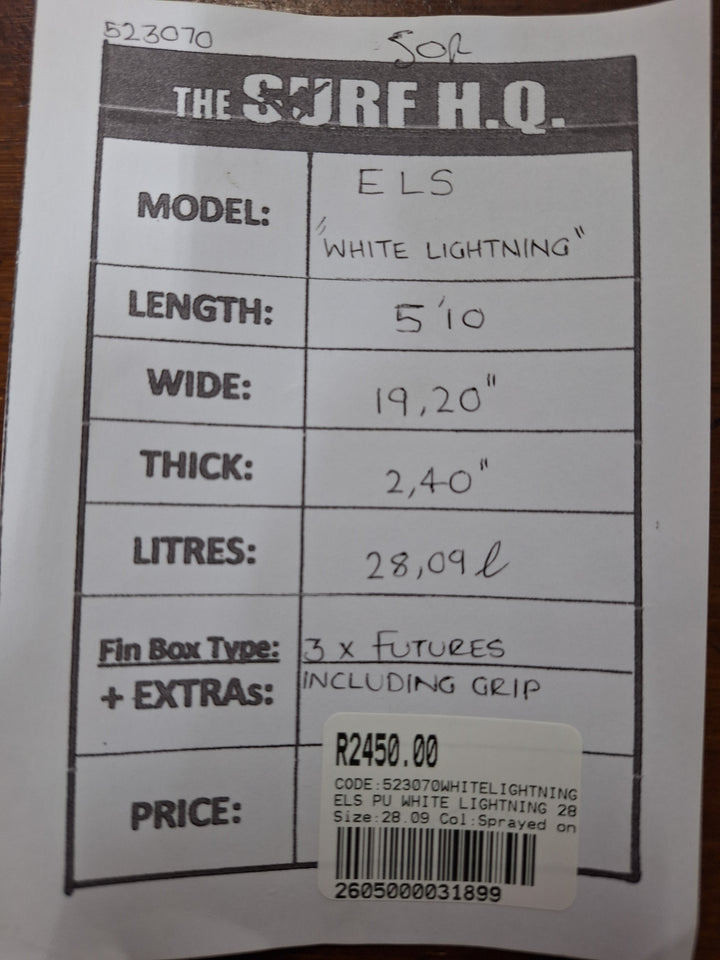 ELS PU WHITE LIGHTNING 5'10 X 19.20" X 2.40" = 28.09L