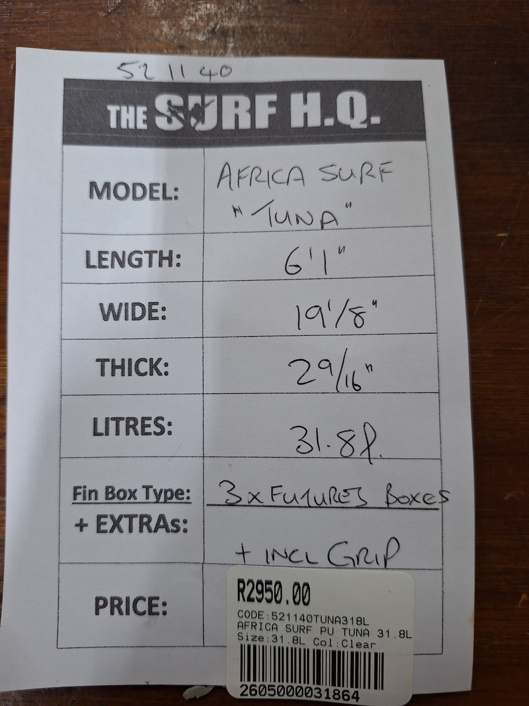 AFRICA SURF PU TUNA 6'1 X 19 1/8" X 2 9/16" = 31.8L