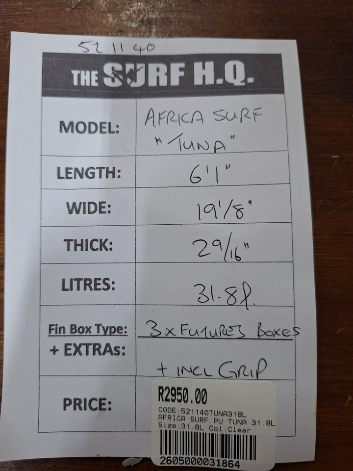 AFRICA SURF PU TUNA 6'1 X 19 1/8" X 2 9/16" = 31.8L